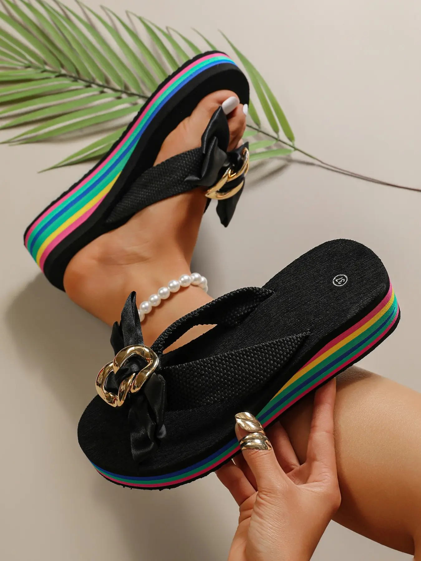 Rainbow Wedge Sandals, Velvet Bowknot & Metal Ring Decor, Colorful Stripes, Breathable Toe Design, Lightweight, Ideal for Beach & Shopping