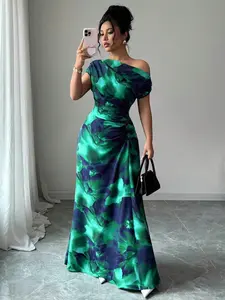 Women's Minimalist Print Asymmetrical Ruffled Dress with Shoulder and Waist Details, Elegant Chic Fashion for Parties and Casual Outings