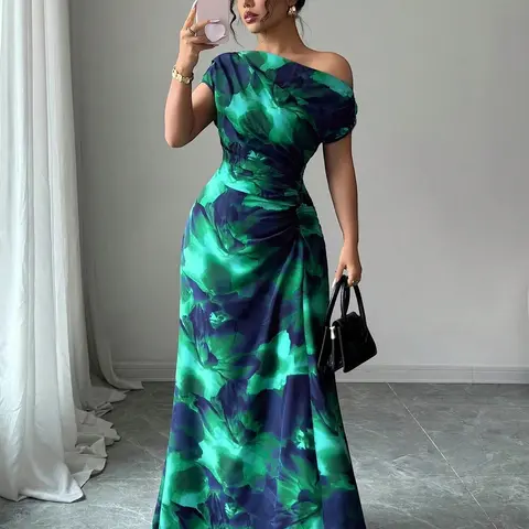Women's Minimalist Print Asymmetrical Ruffled Dress with Shoulder and Waist Details, Elegant Chic Evening Formal Wear Fashion for Parties and Casual Outings, Elegant Party Apparel