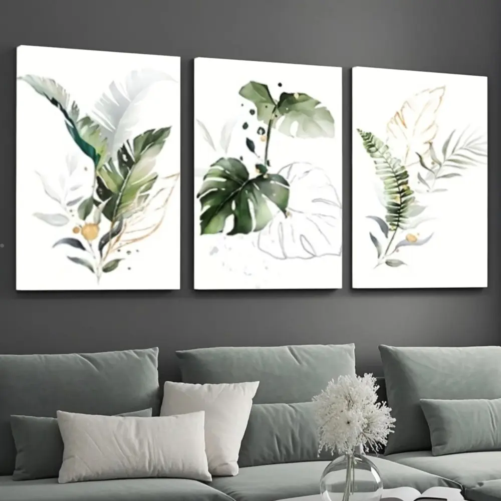 Nordic Modern Style, Wall Art Canvas Prints, Watercolor Tropical Monstera And Palm Leaves Botanical Illustration, High Definition Giclee Printing On Premium Cotton Canvas With Wooden Frame, Minimalist Living Room Sofa Ba