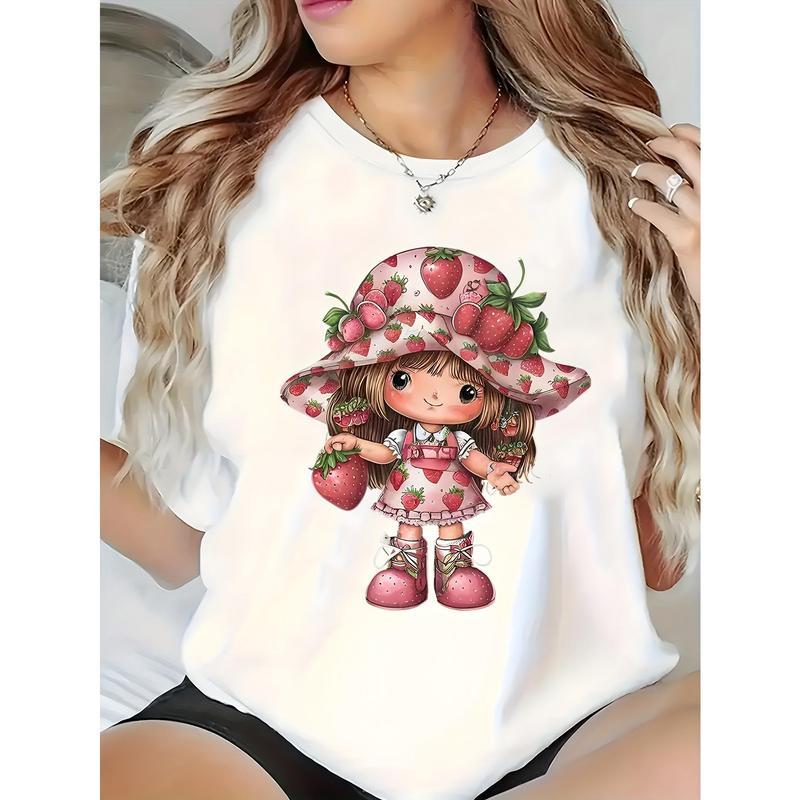 Round Neck Short Sleeve T - shirt for US Women, Breathable, Strawberry - themed Graphic Pattern, Casual Style, Sweet Vibe, Plus Sizes