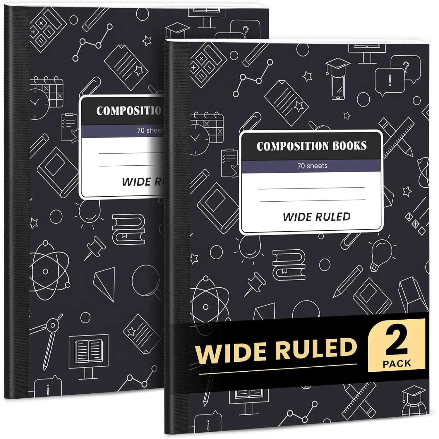 Composition Notebook 2 Pack Wide Ruled, Black Cover Notebooks for School, 70 Sheets 7-1/2"x9-3/4,  to School Supplies Journal for K-12 Students