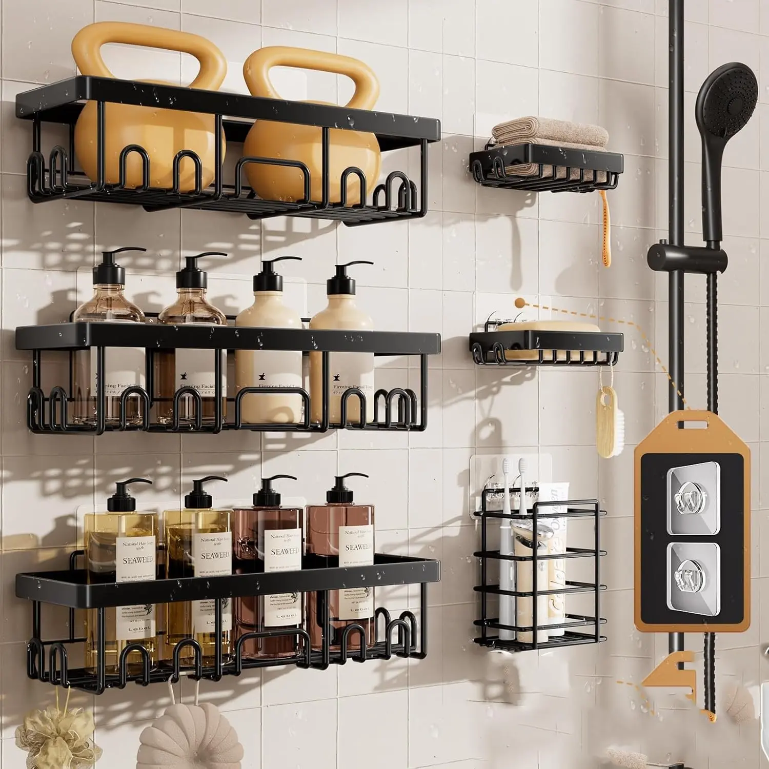 6-Piece Shower Organizer Rack, Adhesive Bathroom Storage Shelf, Bathroom Organizers, Rust-Resistant Metal, No Drilling, Large Capacity
