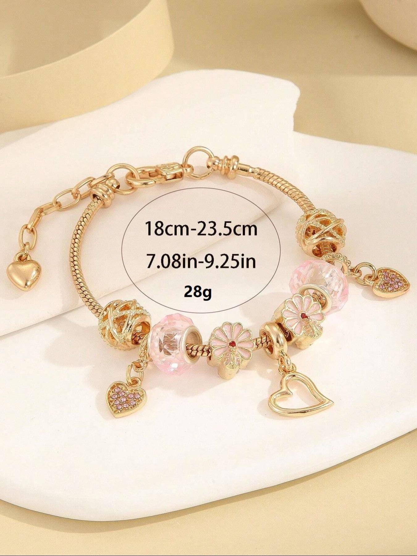 Cute Bow & Heart & Flower Design Charm Bracelet, Rhinestone Decorated Bracelet for Women & Girls, Trendy All-match & Exquisite Jewelry for Birthday Gift, Heart Shaped Bracelet