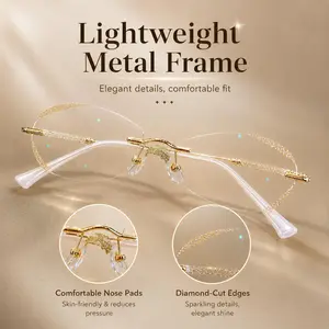 Women's Elegant Rimless Blue Light Non-Prescription Glasses - Sparkly Lightweight Metal Frame with Diamond Cut Detail, for Office Work & Everyday Screen Time