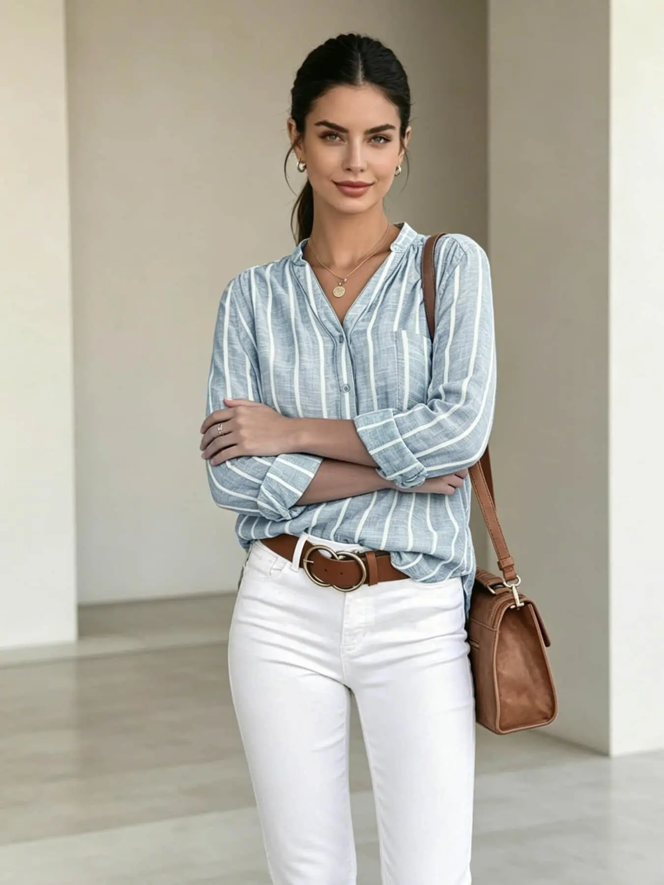 A vintage long-sleeved Striped Casual shirt, Blouses for women, featuring a relaxed and loose fit that conceals the body. Versatile for summer wear, perfect for coffee shop tea breaks, seaside vacations, outdoor camping picnics