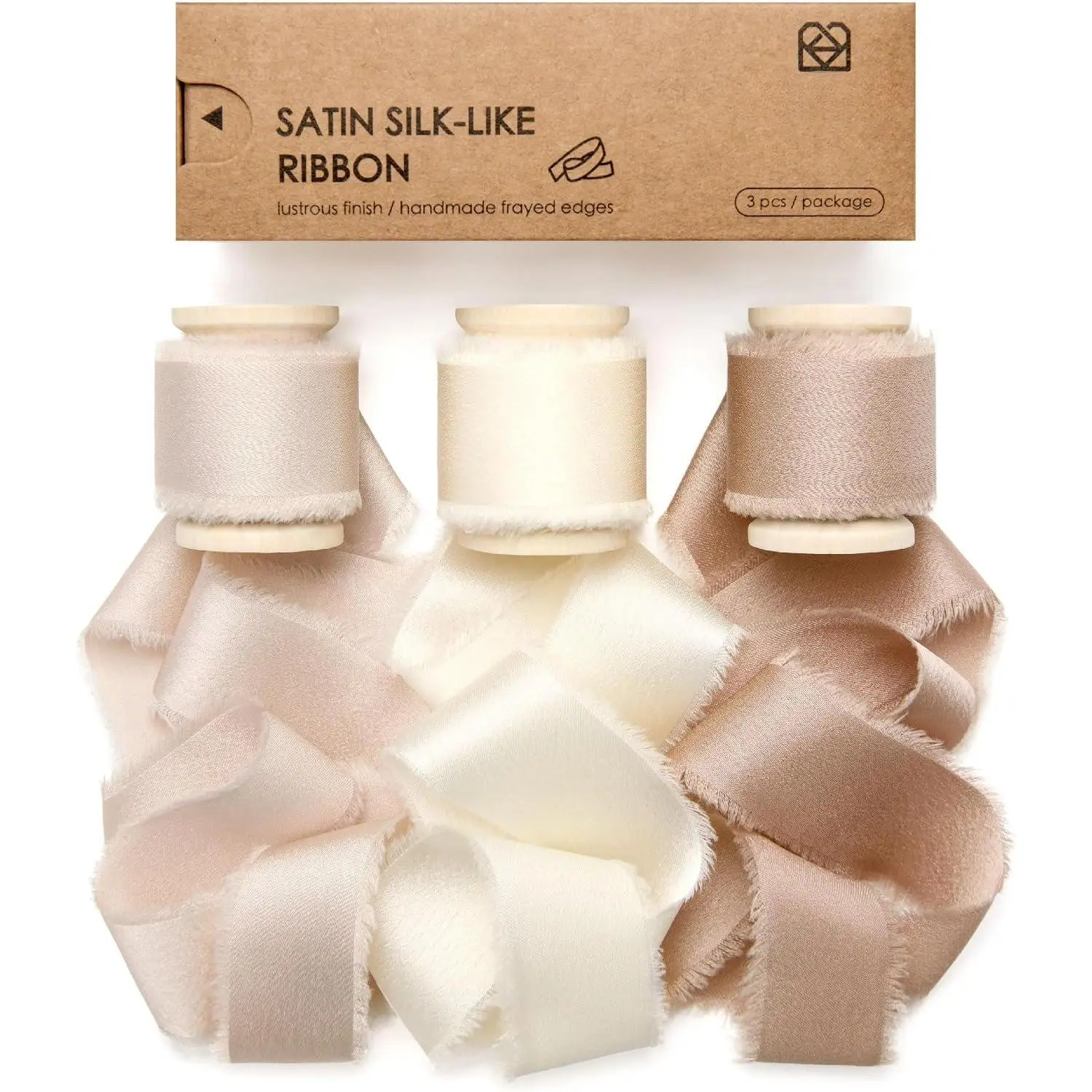 Silk Satin Ribbon 1" x 15 Yds Wooden Spool Champagne & Nude |  Frayed  Rustic Thin Ribbons For  Wrapping Flower Bouquet  Bridal Shower Wedding Invitations Floral