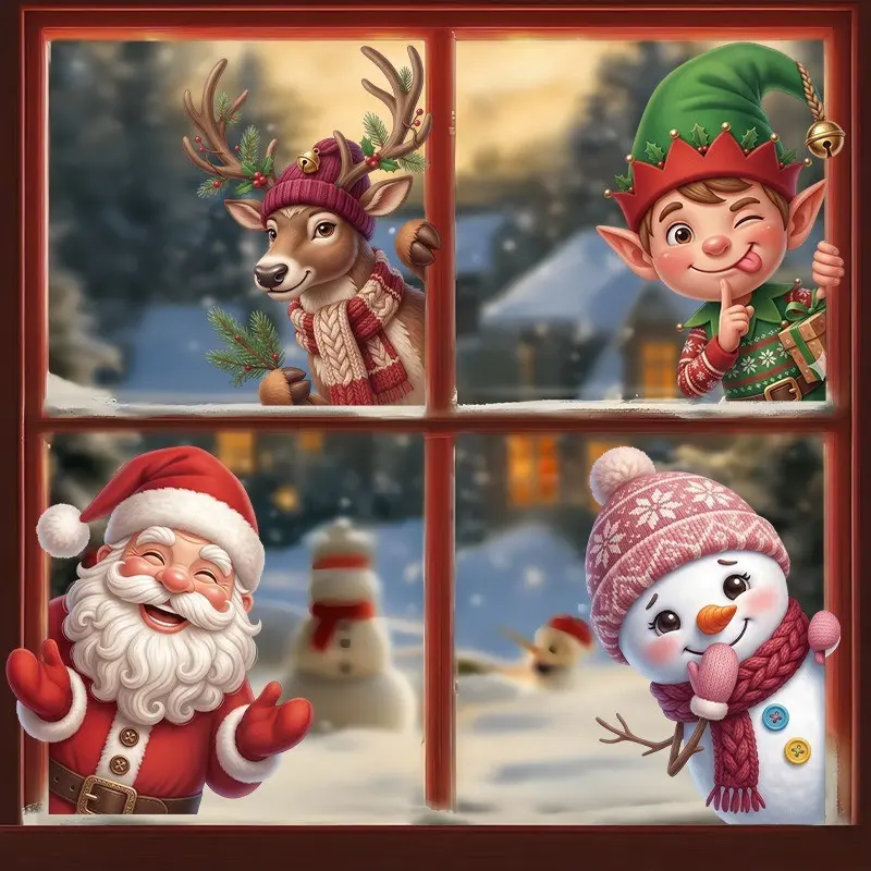 4sheets/set Christmas Elf Window Stickers, Elk Old Man Snowman Static Stickers, Santa Claus, Winter Festival Decorations, Glass Door Cabinet Stickers