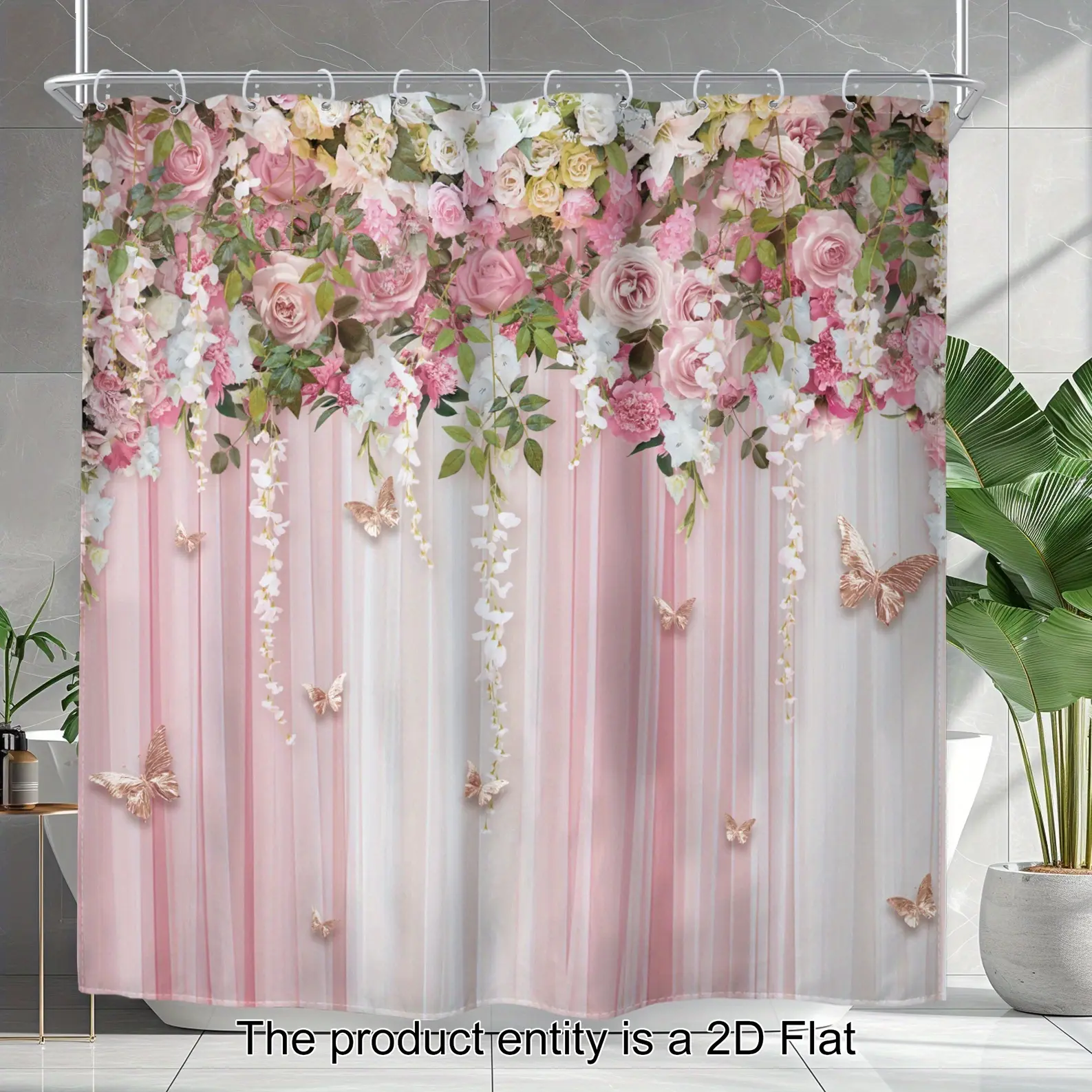 1 piece pink and white floral shower curtain - rustic rose butterfly design, durable and machine washable, suitable for bathroom decoration, elegant textured appearance, 2D flat (includes 12 hooks, does not include shower curtain rod)