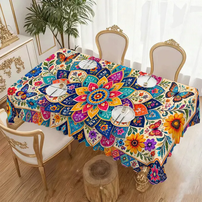 Bohemian-style tablecloth featuring a colorful floral petal print; made of durable polyester. Suitable for picnics, camping, weddings, parties, dining, buffets, and home decor; easy to clean; a stylish tabletop accessory.