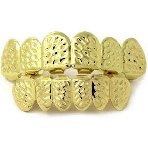 Gold Grillz Teeth Set Best Gift for Son-New Custom Fit 14k Plated Gold with Diamonds Cut Grillz - Excellent Cut for All Types of Teeth – Top and Bottom Grill Set - Hip Hop Bling Grillz
