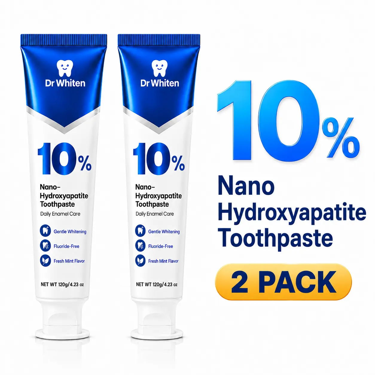 DrWhiten 10% Nano Hydroxyapatite Toothpaste,  Strong Enamel • Fluoride-Free • Natural Peppermint • Ideal for Sensitive Teeth,  Fresh Breath & Daily Enamel Support & Bright, 10% nHAP Dentist Formulated 4.23 oz