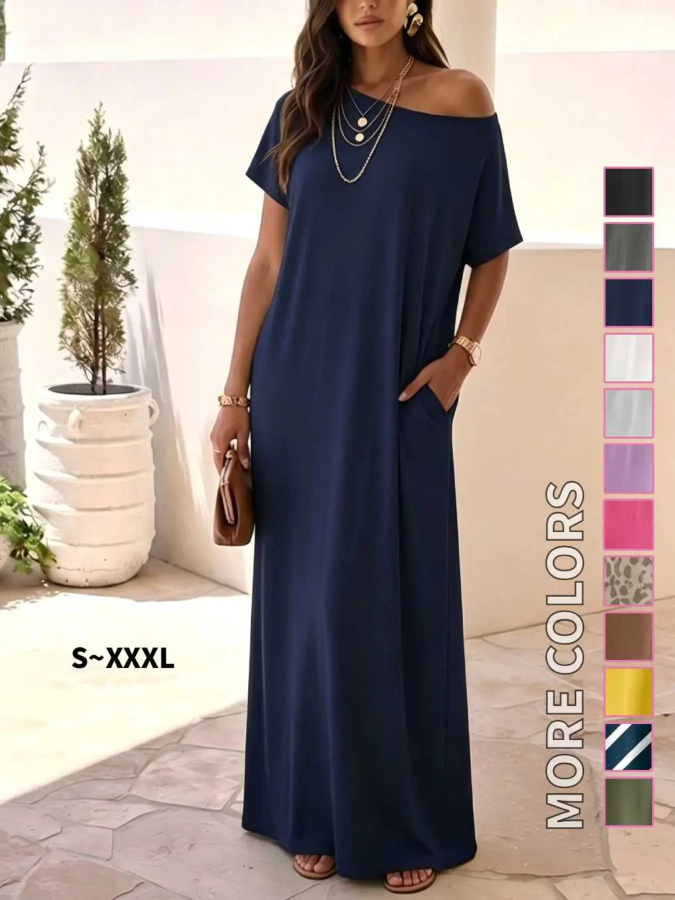 Women's Off-Shoulder Short Sleeve Long Dress, Loose-Fit Casual Chic Nightdress Nightwear with Pockets, Suitable for All Seasons, Multiple Colors Available