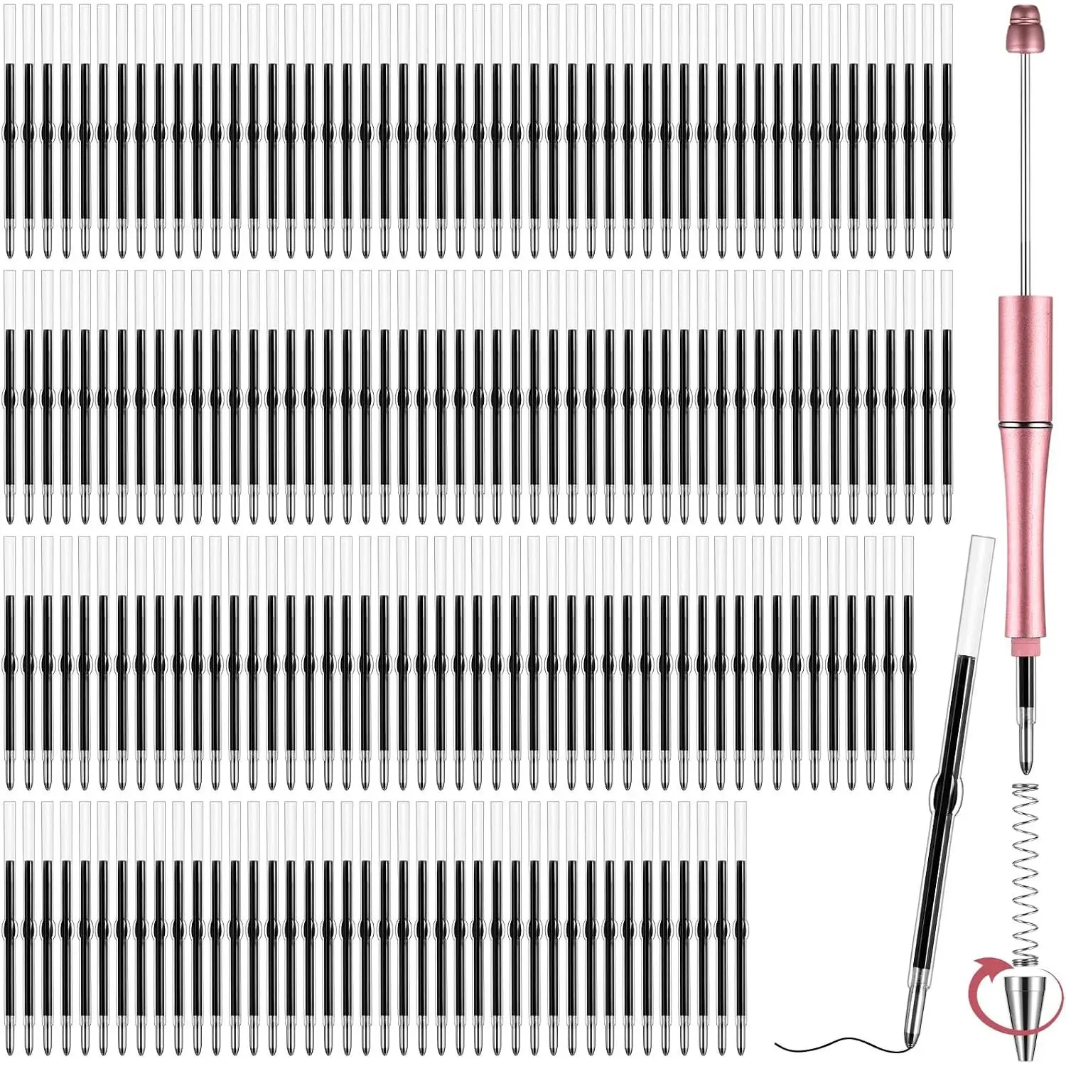 300 count Beadable Pens Refills Bulk, 1.0mm Black Ink Refills for Pens Replaceable Smooth Writing Pen Refill for Plastic Bead Ballpoint Pen Student Teacher  School Office Supplies DIY