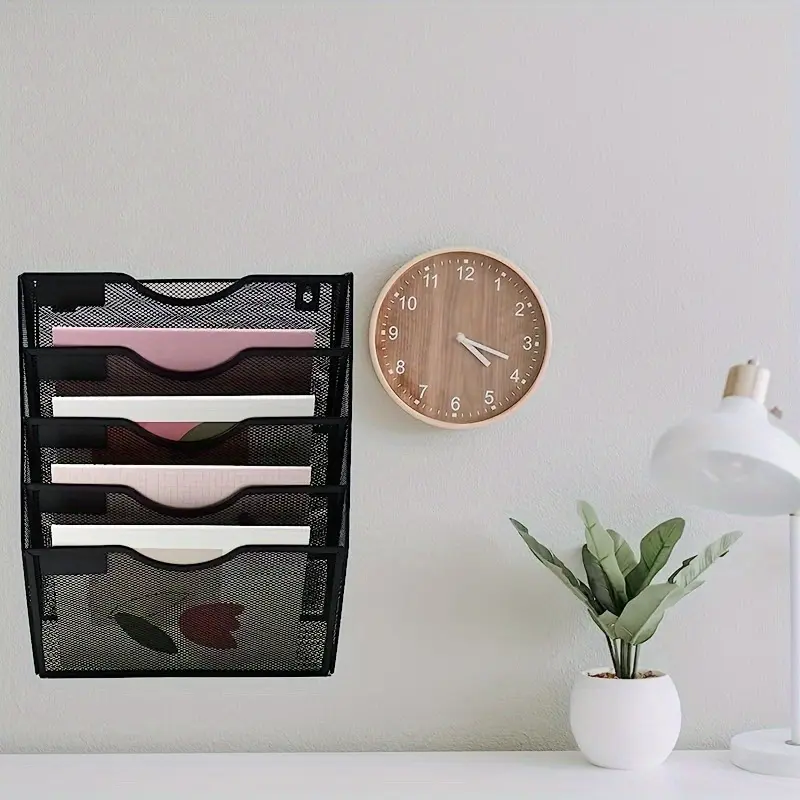 Wall mounted three-layer file storage rack A4 paper material rack Wall mounted bookshelf Menu rack Bill rack Metal black and silver
