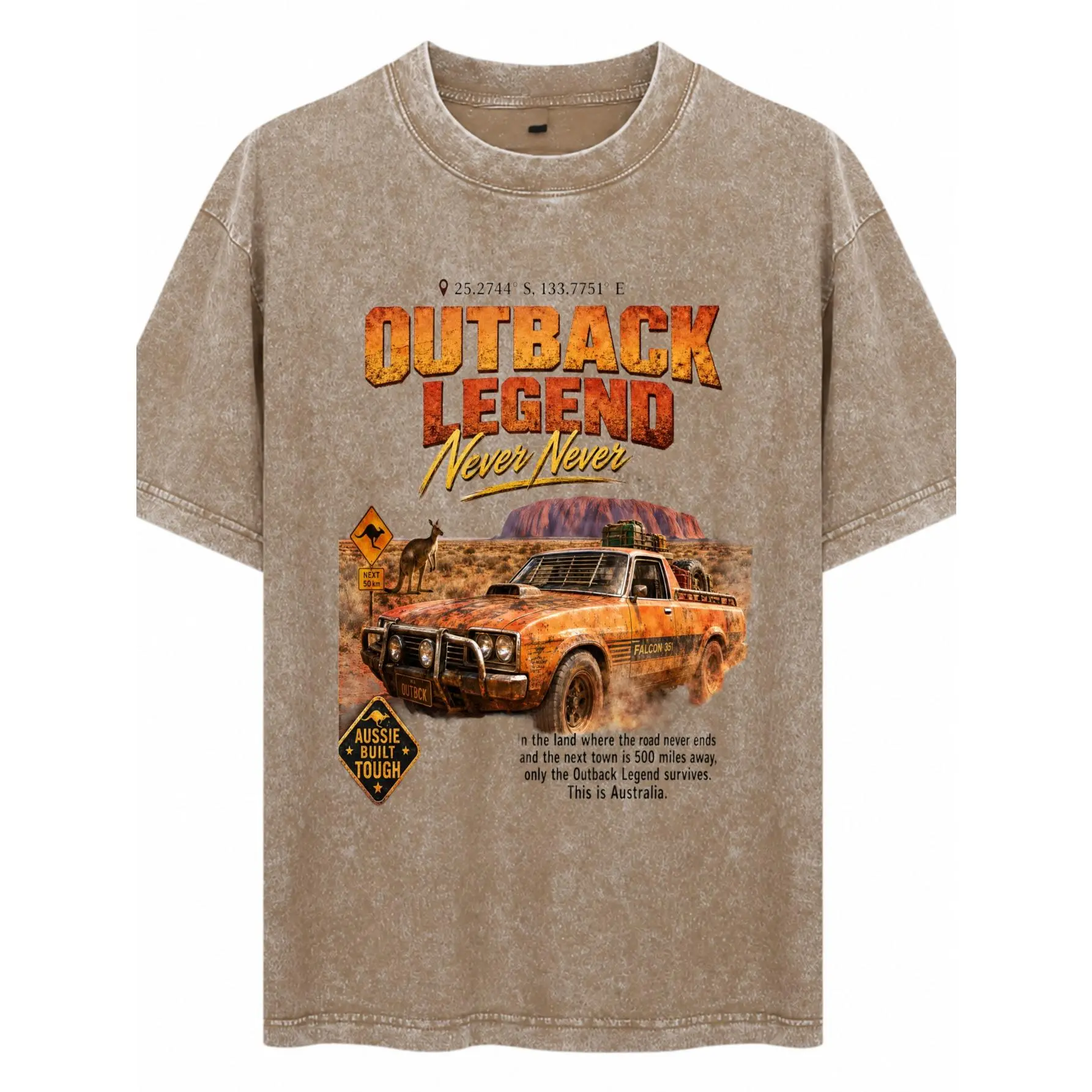 Menswear Streetwear Short-Sleeve T-Shirt - Outback Legend Australian Outback Car Graphic, Heavyweight Acid Wash Cotton Unisex Casual Top