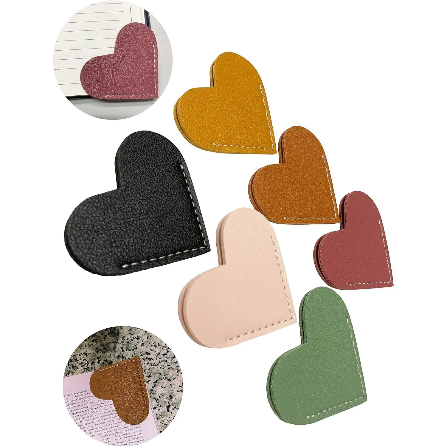 PU Leather Heart Bookmarks, 6 count, 6 Colors | Corner Protector, Page Book Marks, For Reading Lovers