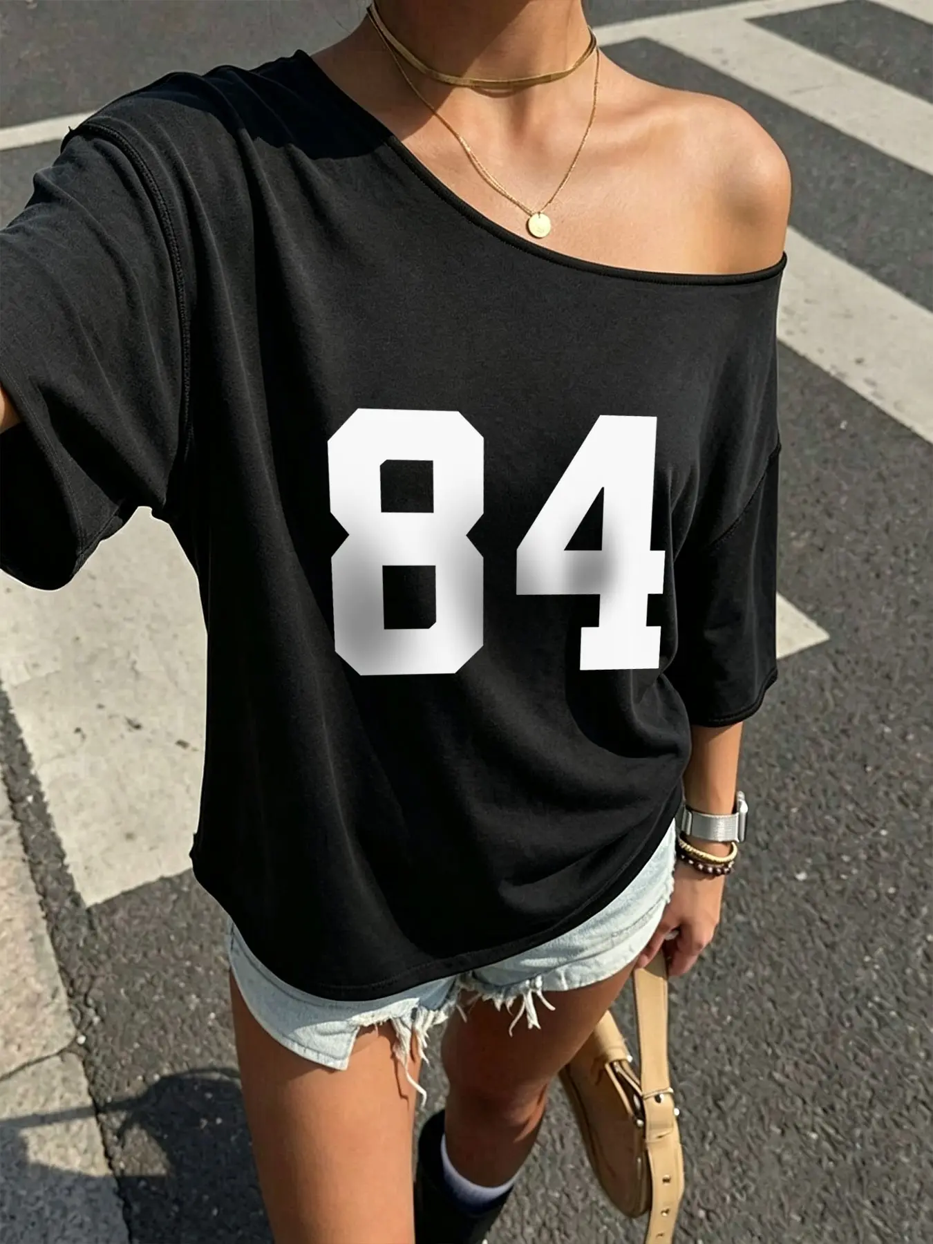 Women's Casual Commute Loose Shoulderless T-Shirt, Number 84 Print, Y2K Style, Fashion Trendy Top, Ideal for Daily Wear or Parties
