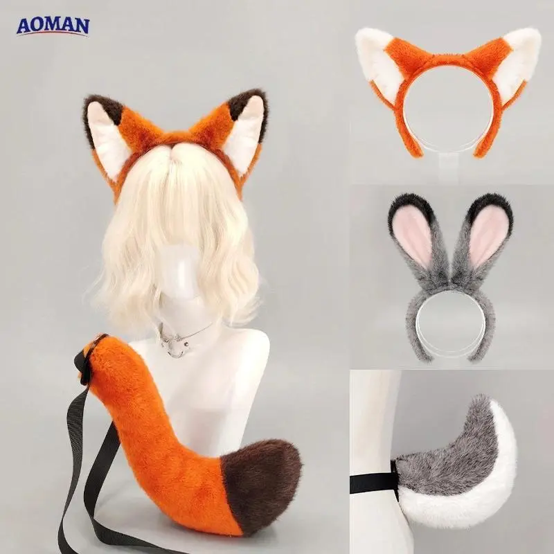 Movie Nick Judy Cosplay Headwear Plush Orange Fox Tail Bunny Ears Hairbands Woman Man Carnival Party Costume Accessories Props