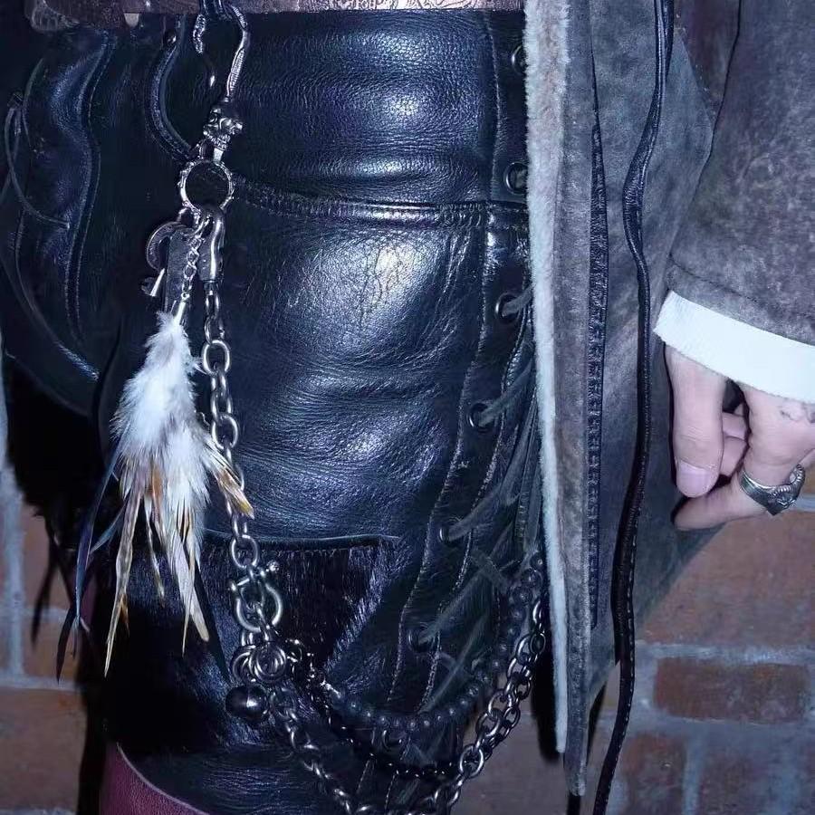 Handmade Visual Feather Skull Cross Multi-layer Retro Keychain Pant Chain Necklace Dual-purpose Versatile