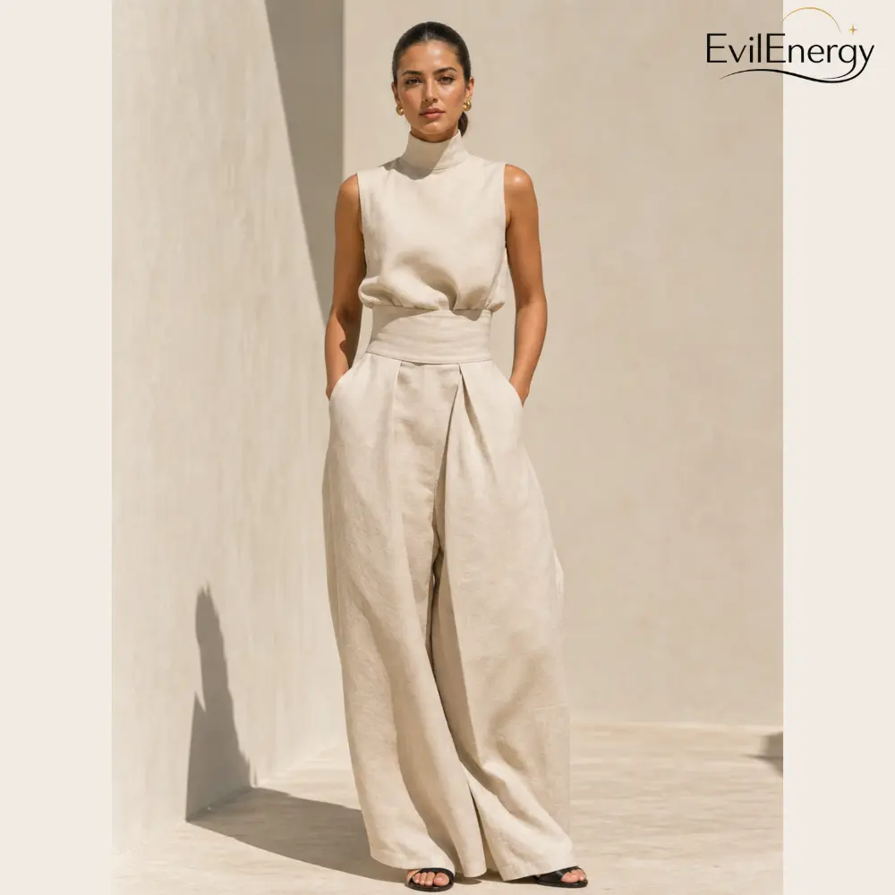 Women's 2-Piece Elegant Linen-Blend Casual Clothes Set - Lady's Mock Neck Halter Top, High-Waisted Wide-Leg Pants, Minimalist Old Money Aesthetic Outfit for Summer Vacation, Office, Cotton Linen