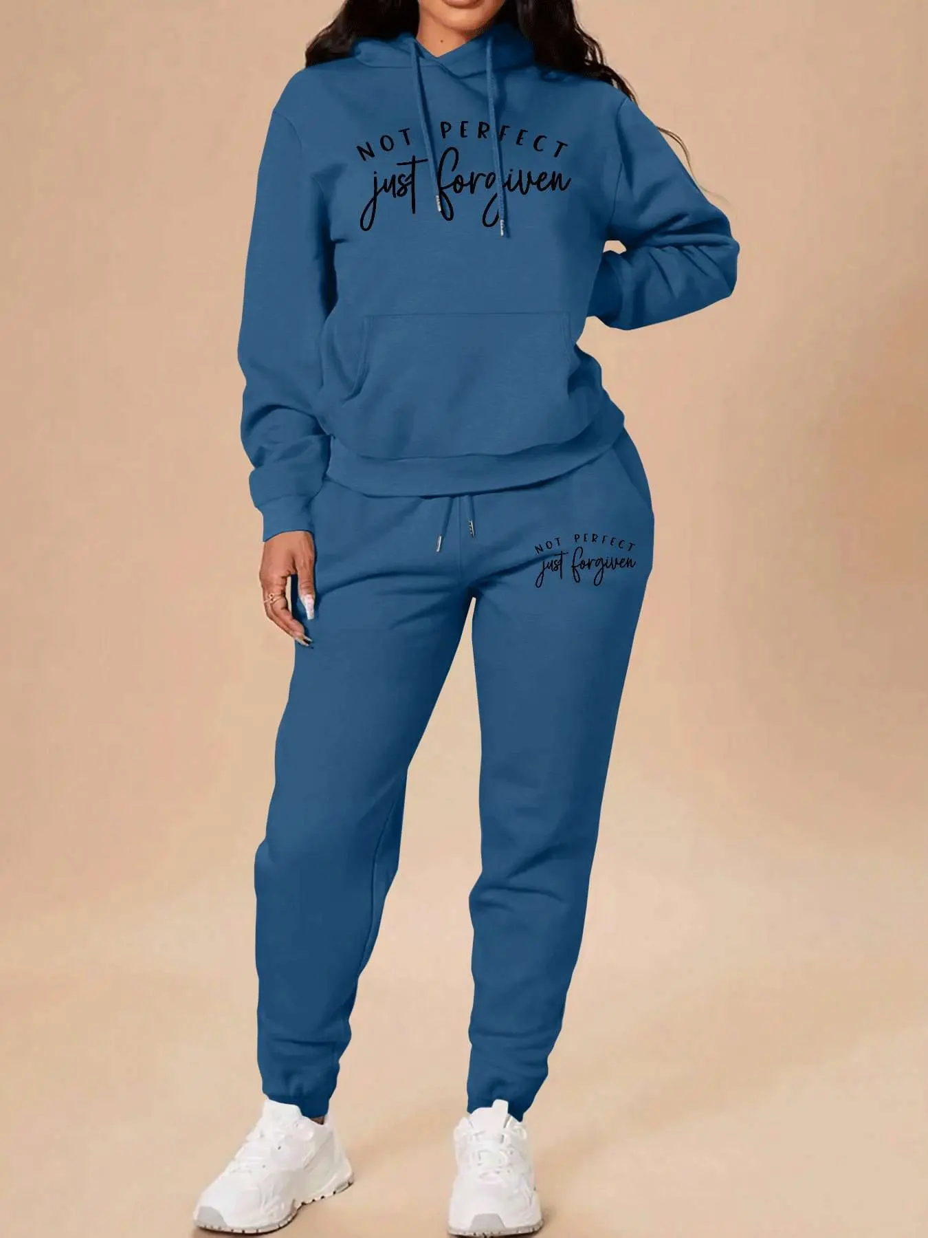 2 Pieces Womrn Sets Spring Fall Fashion Casual Home Outdoor Fitness Letter Print Women Long Sleeve Hooded Sweatshirt with Pockets + Pants Set Tracksuit