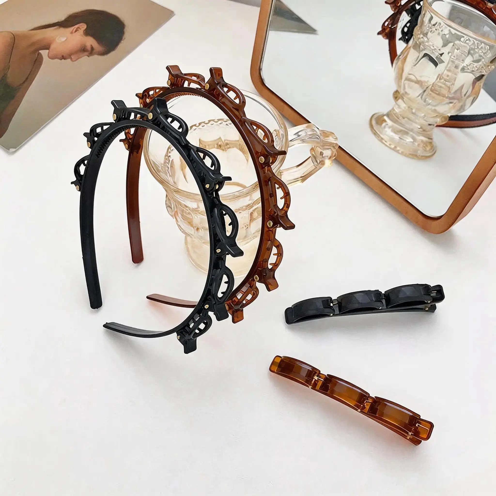 Women's 2-Pack Wide Plastic Headbands - Minimalist Solid Design Hair Accessories with Built-in Styling Clip, Anti-Slip Teeth for All-Day Wear, Hairbands, Fashion Headbands, Non Slip Hairbands, Accessories For Women, Working, Fine, Flexible Resin Bends For