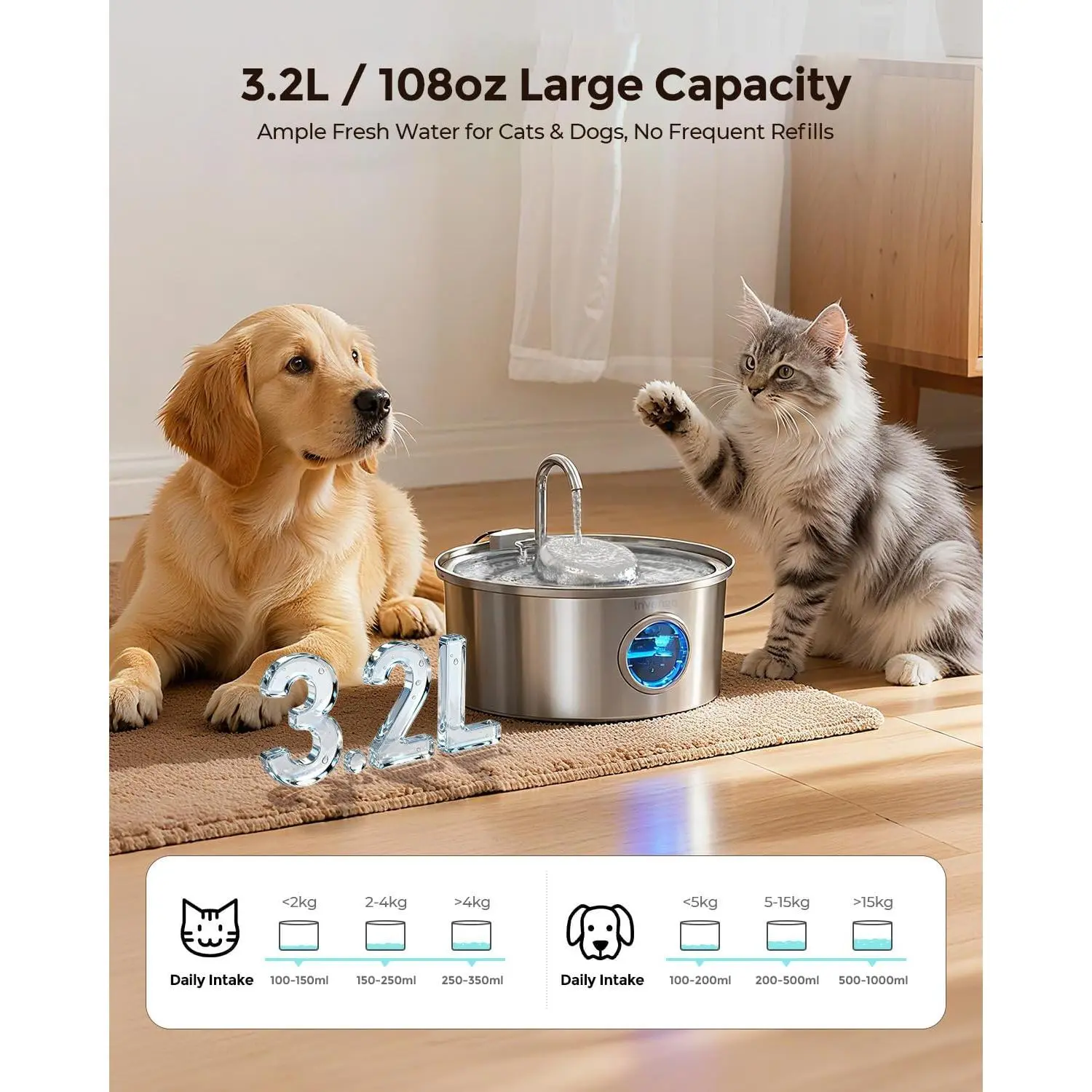 Stainless Steel Cat Fountain, 3.2L/108oz Automatic Pet Water Fountain for Cats & Dogs - 2 Flow Modes, Splash-Proof Bowl, Replacement Filter Included, Ultra-Quiet, Gravity Feeder, Slobber Stopper, Ultra Trough Enrichment Tank, Anti-Spill Dispenser