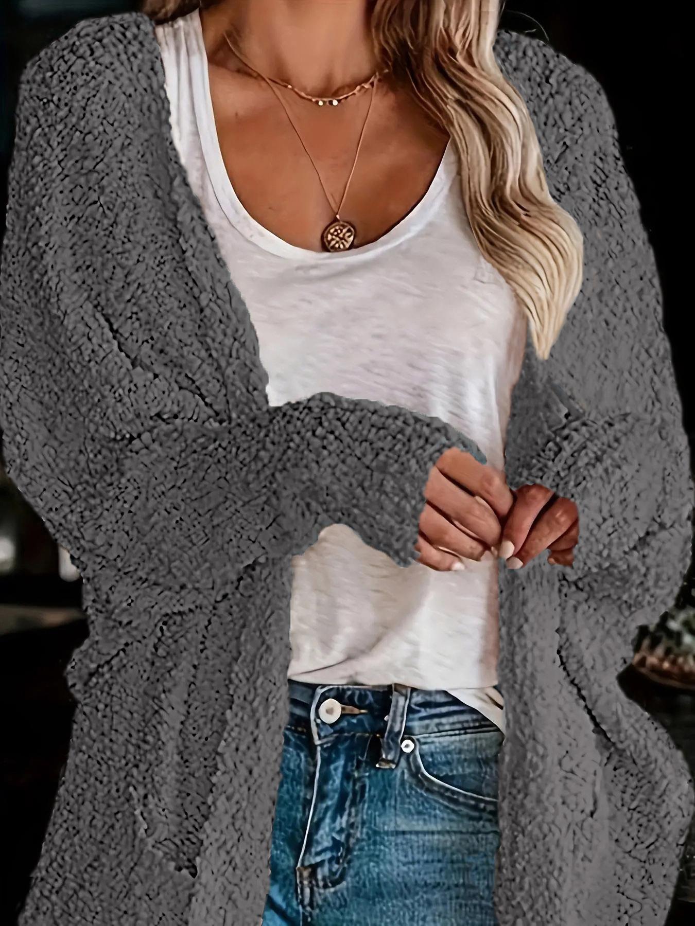Women's Plain Pocket Batwing Sleeve Cardigan, Casual Basic Long Sleeve Open Front Knitwear for Fall & Winter, Women's Knit Clothing for Daily Wear, Womenswear