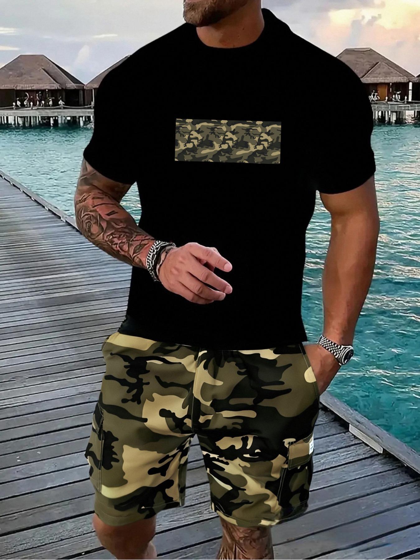 Two-Piece Set Men's Crop Tee & Shorts, Regular Fit Casual Short Sleeve T-shirt & Camouflage Print Shorts, Men's Summer Outfits