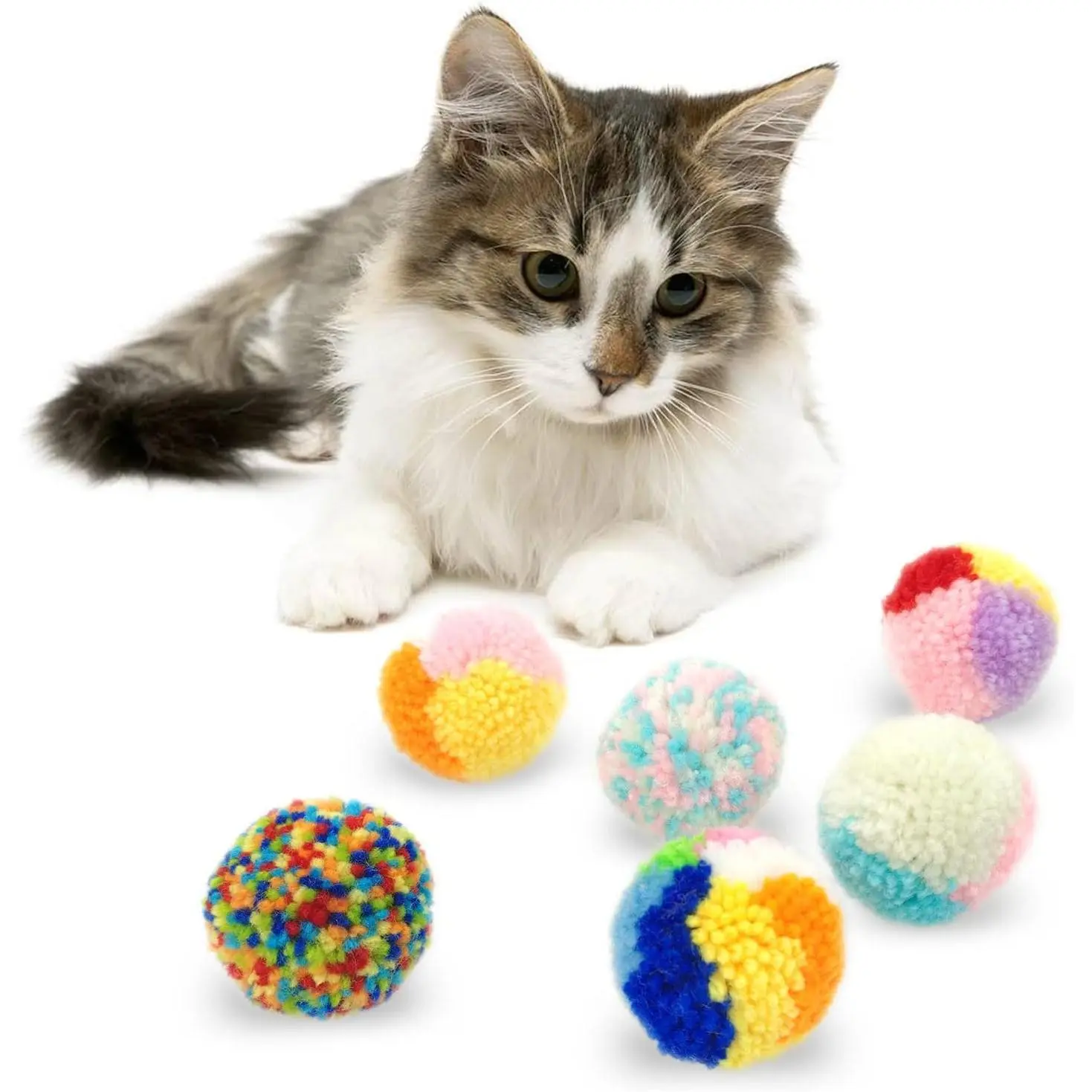 6 count  Color  Ball Toys, Woolen Yarn Puffs  Pom Pom Balls Interactive Kitten Chasing Toys