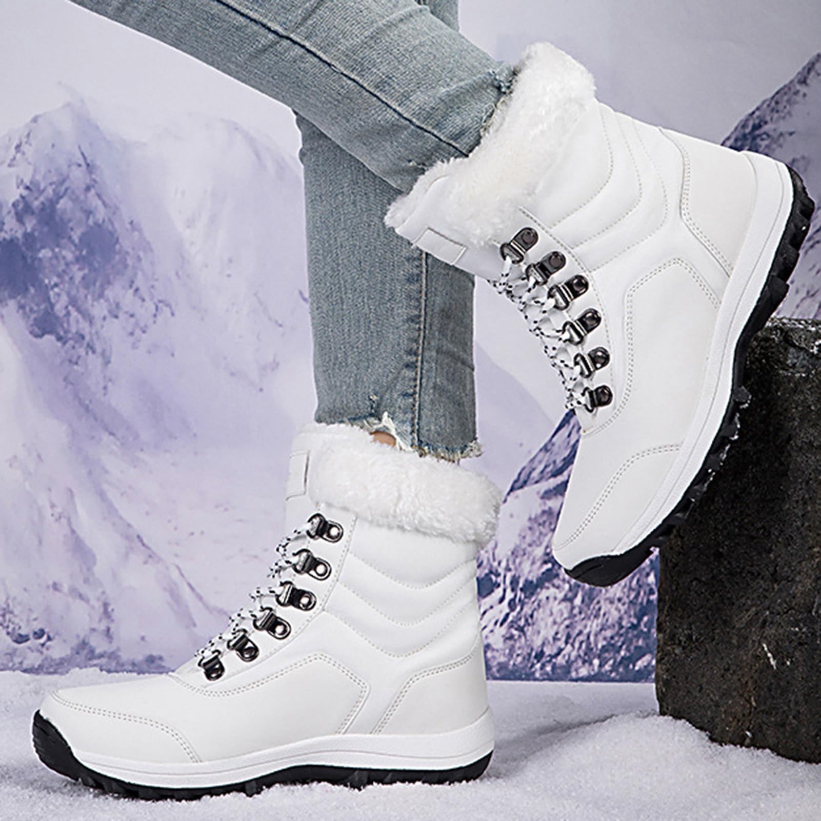 Women's Winter Snow Boots Waterproof Leather Faux Fur Lined Lace Up Ankle Booties Black Casual Warm Lightweight Anti-Slip Rubber Outsole Padded Soft Stylish Walking Shoes for Snowy Days Footwear White SpringStatements