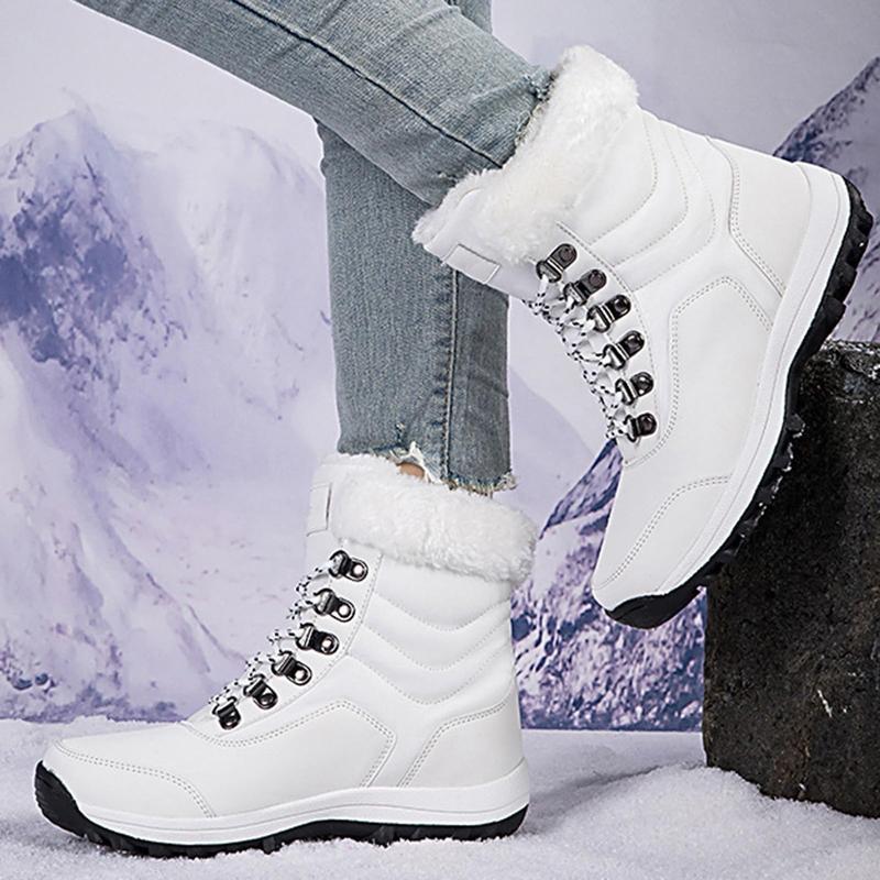 Women's Winter Snow Boots Waterproof Leather Faux Fur Lined Lace Up Ankle Booties Black Casual Warm Lightweight Anti-Slip Rubber Outsole Padded Soft Stylish Walking Shoes for Snowy Days Footwear White