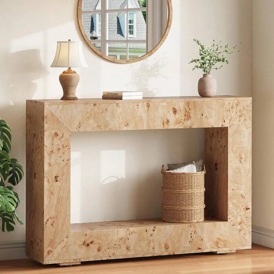 Console Table Living Room, 47.2" Burl Wood Console Table, Narrow Entryway Table With Storage, Modern Luxury Sofa Table Entrance Hallway Foyer Office