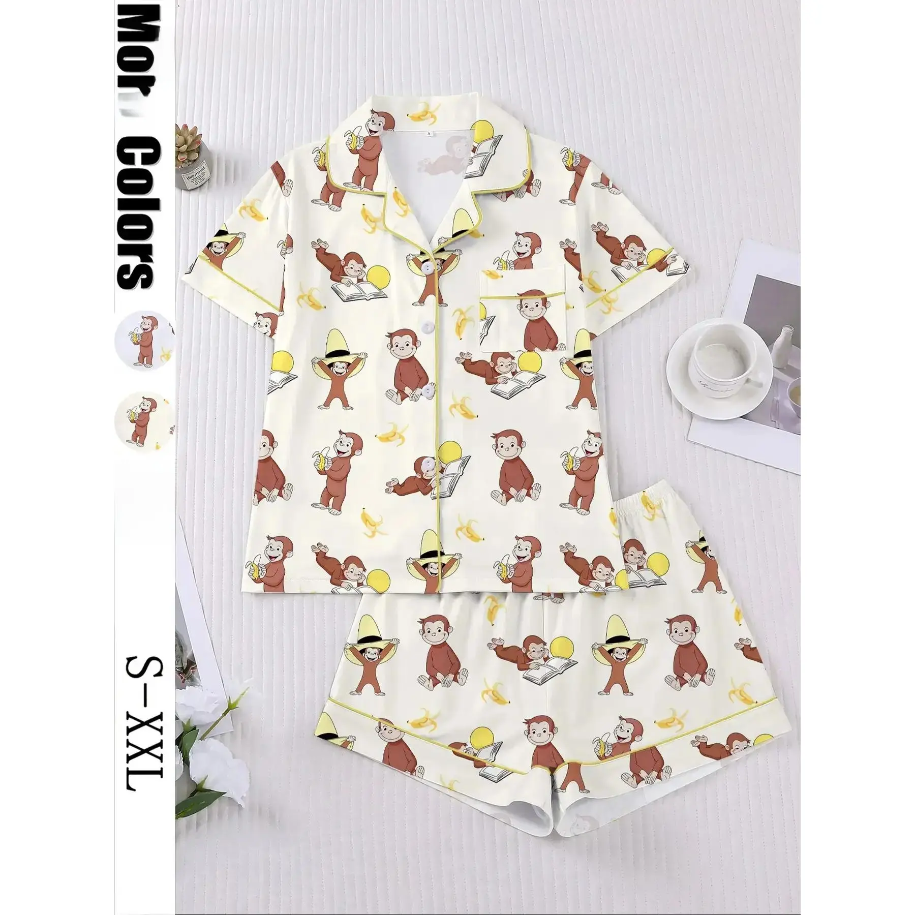 Women's Monkey Banana Print Sleepwear Set, Loungewear, Comfortable Short Sleeve Button Shirt & Loose Elastic Shorts, Fashion Casual Home Wear, Pajama Set, Matching Pj Set, Sleepwear Pajamas Set, Lounge Pjs Set