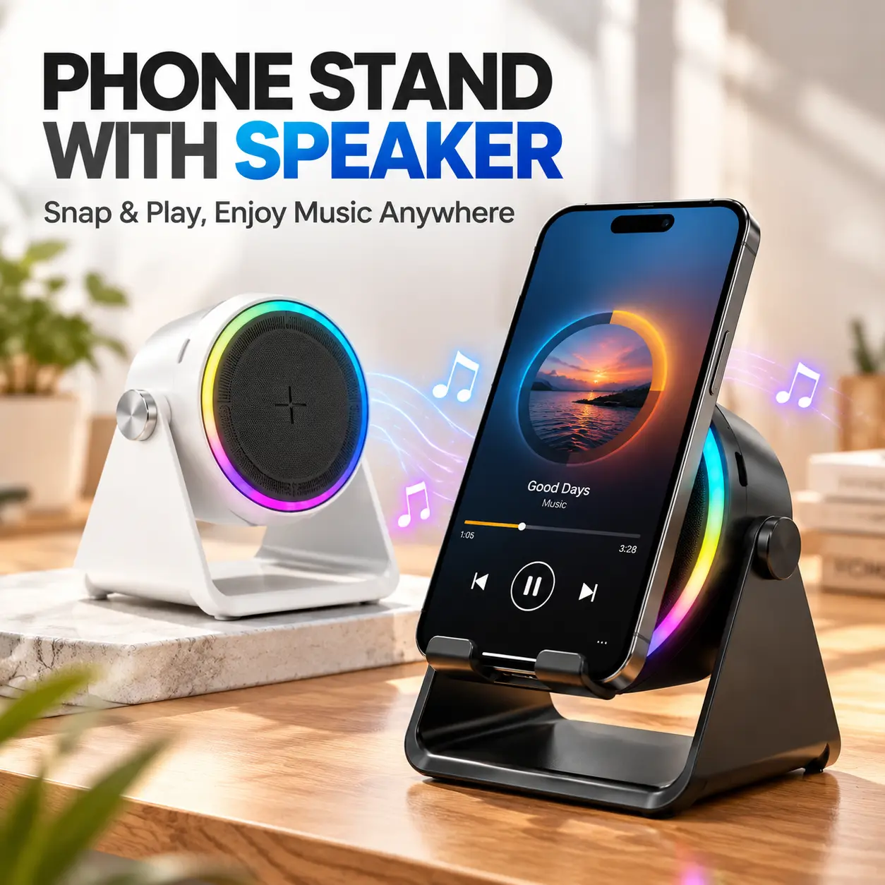 5-in-1 Rechargeable Party Speaker with 360° Rotatable LED Light Stand Rack, 10m Range, Universal Smartphone/Tablet Charger, Surround Sound, Phone Holder, Portable Room Gadget Cool Gift for Adults & Adulting Women, Gifts For Adulting Women,techvibe-YY2