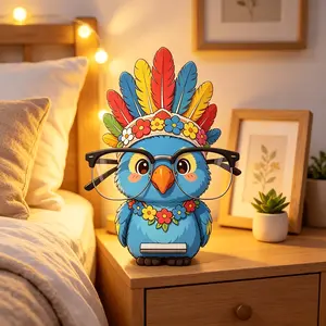 2D Wooden Parrot Eyeglass Holder With Colorful Feather Hat, Dual Use for Glasses & Jewelry Storage, Creative Desktop Ornament, Ideal Christmas Birthday Gift