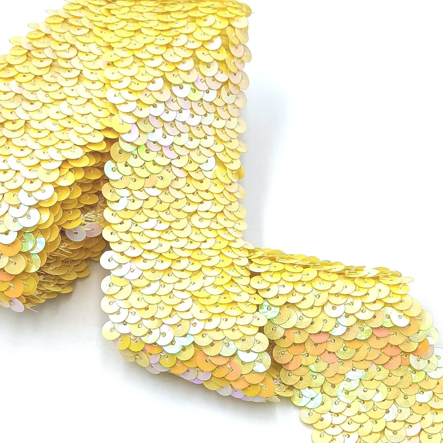 2 Yards Yellow Elastic Sequin Ribbon Trim Glitter Metallic Stretch Flat Sequin for Sewing Dress Costume Embellishments Headband and Crafts Sequin 1.8"Inch