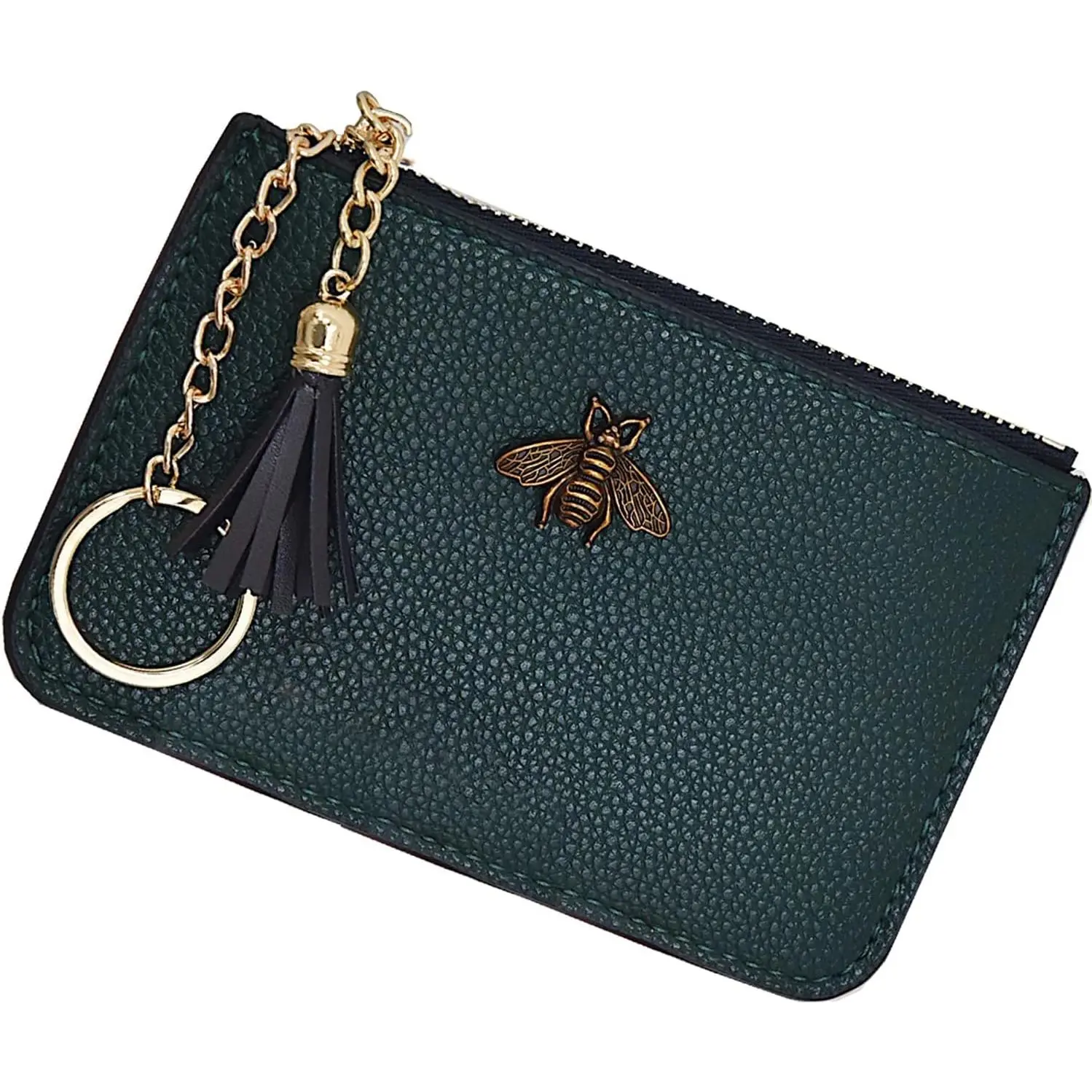 Women's  Purse Change Wallet Pouch Leather Card Holder with Key Chain Tassel Zip (Dark Green)