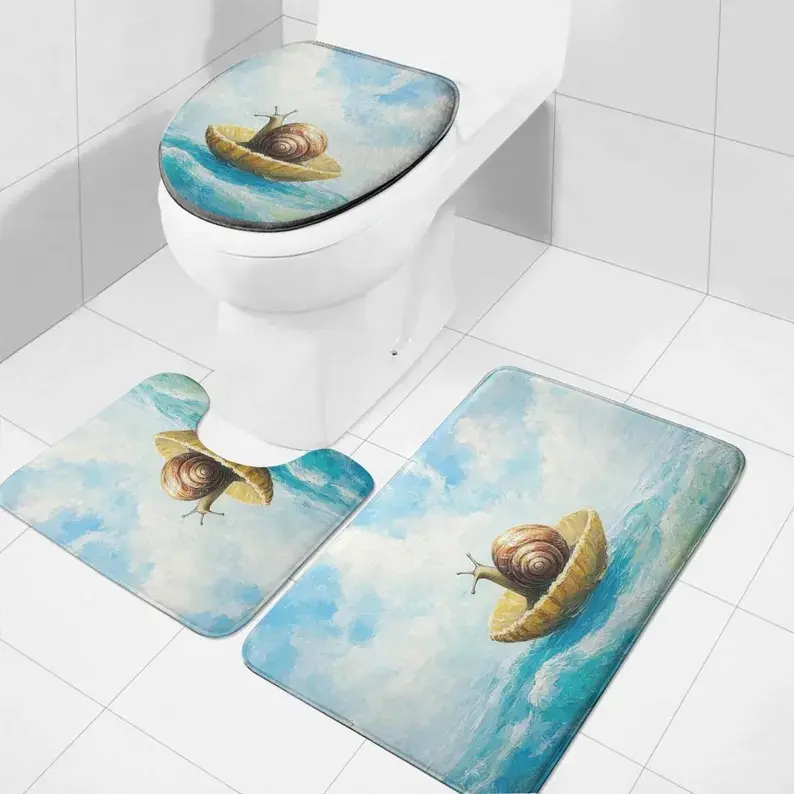 Snail Bathroom Set: Flannel Toilet Mat, Lid Cover & Bath Rug, Gift for new home, Gift for animal lovers, unique design,Kids bathroom decor