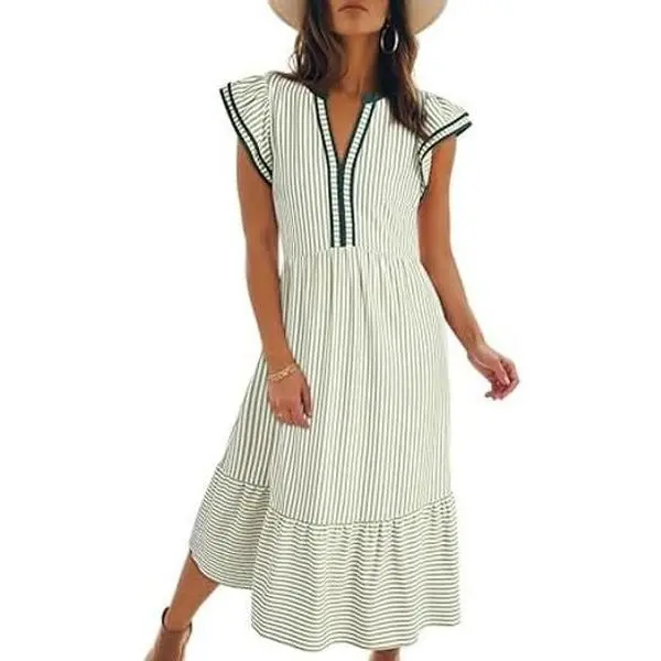 Women's 2026 Summer Striped Sundress - V-Neck, Ruffle Cap Sleeves, Empire Waist, Smooth Flowy Midi with Pockets, Shirt-Inspired, Lightweight, Elegant Soft Fabric, Ideal for Teachers, Family Pictures, Colorblock, S=US 4-6, Casual Womenswear, Cap Sleeve, Ru