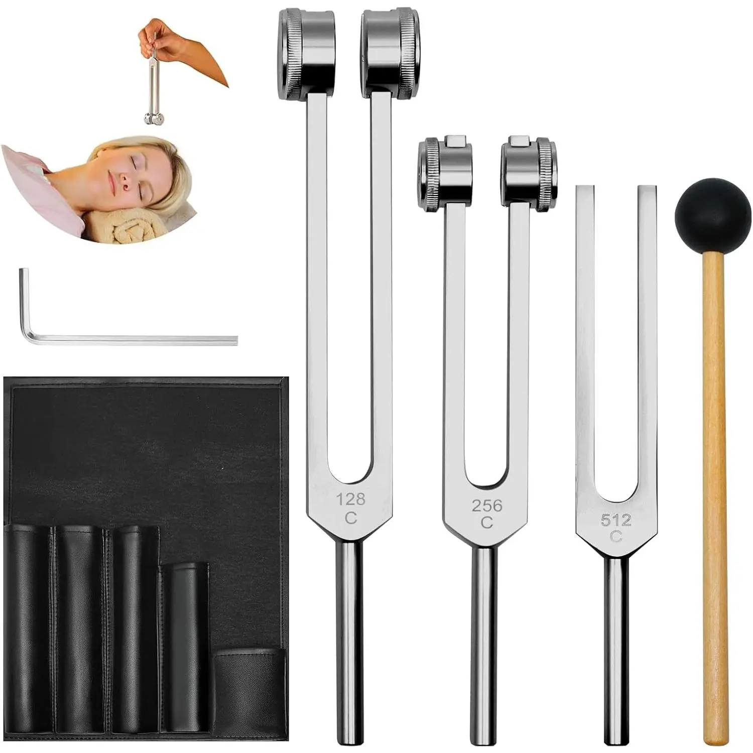 Tuning for Healing Instrument (128Hz, 256Hz, 512Hz) - Tuning Fork Set with, Sound Healing Instruments for Yoga/Chakra/Sound/Meditation Beginner