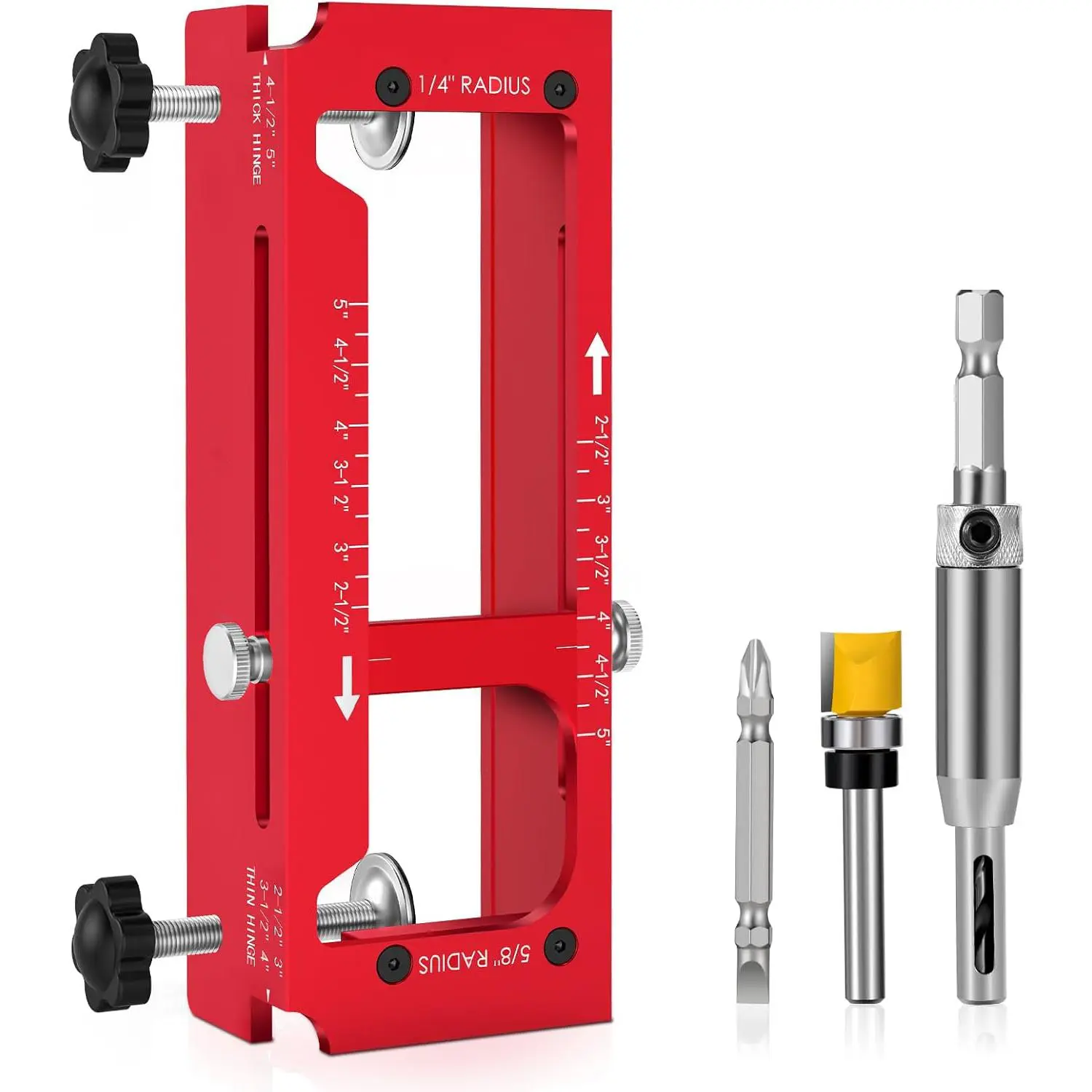 Red Door Hinge Jig Template Kit for Router, Adjustable Mortise Jig, Fits 2.5"-5" Length Hinges with 1/4" R, 5/8" R & Square Corners, Not for Door Jambs