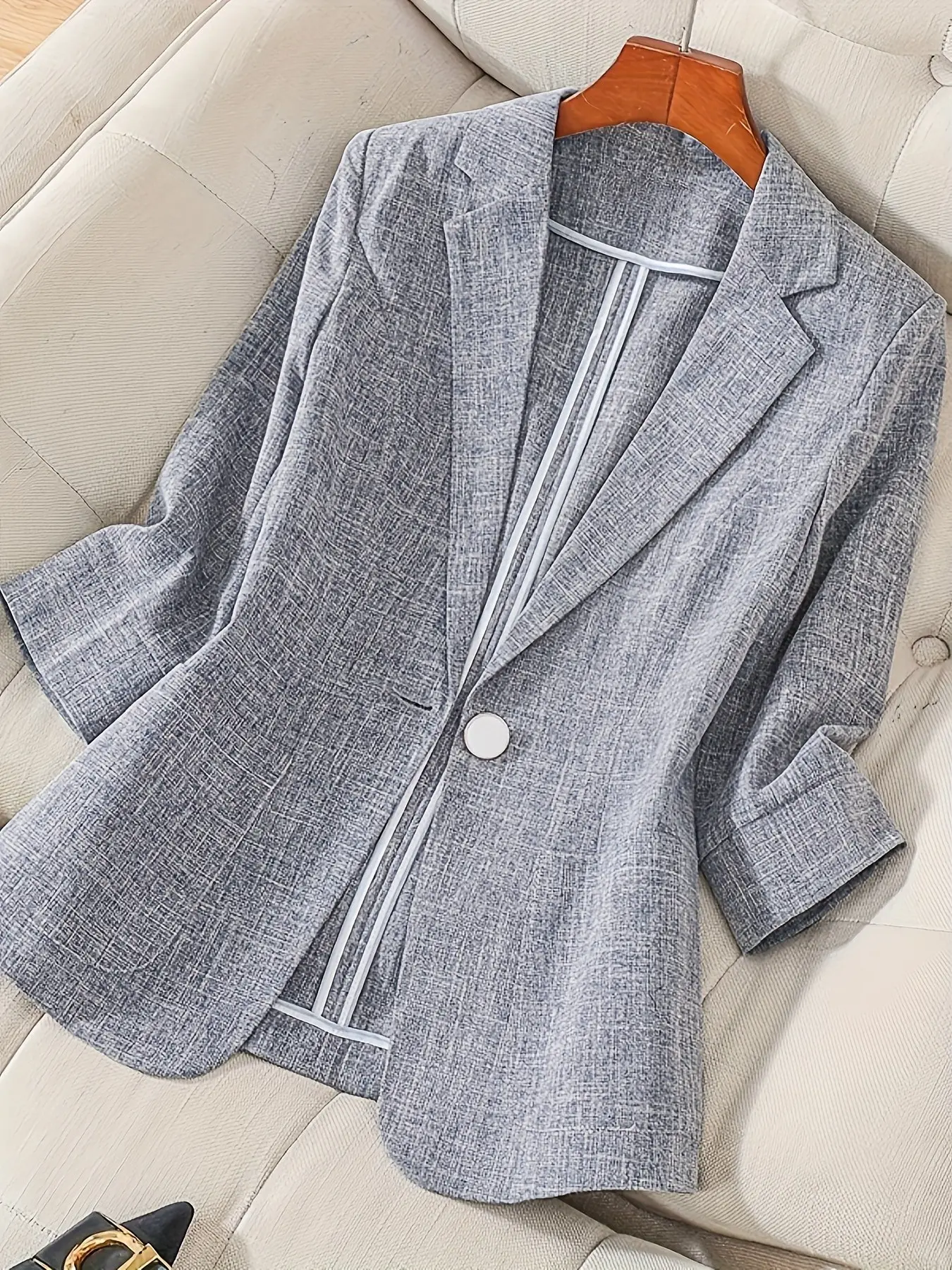 Women's Lightweight Seven-Quarter Sleeve Blazer, Notched Lapel Single Button Wrap Dress Jacket, Elegant Spring Summer Office Wear Top