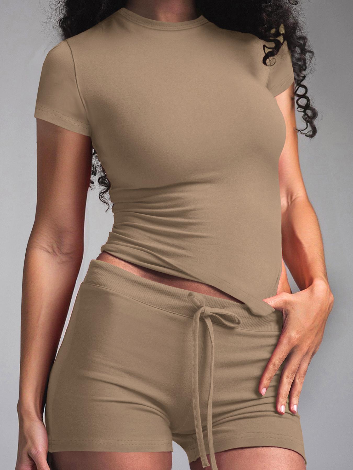 Women's Solid Color Modal Loungewear Two-Piece Set, Casual Comfy Short Sleeve Round Neck Tee & Drawstring Waist Shorts PJ Set, Ladies Sleepwear for All Seasons