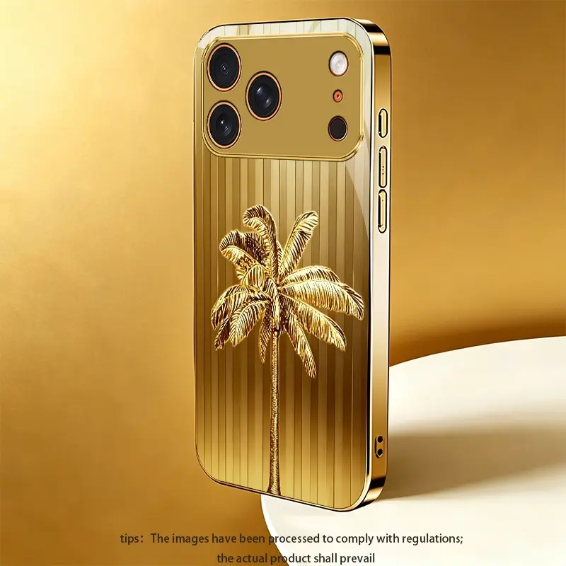 Golden coconut tree phone case for iPhone 14 Pro Max/14 Pro/14 Plus/14/13 Pro Max/13 Pro/13 Mini/13 Light luxury gold glass texture phone case