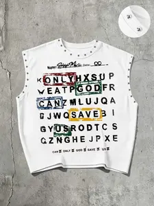 American Vintage Rivet Letter Sleeveless Printed Vest for Men, Streetwear Distressed Graphic Print, Loose Short Sports Gilet, Trendy Top
