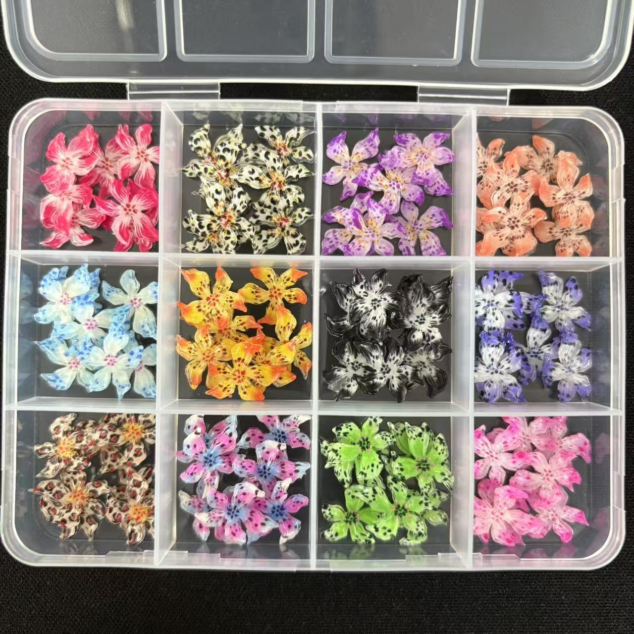 12-Color 3D Flower Nail Art Accessories Box, Anti-Allergy Handcrafted Decorations, Luxurious Nail Design Essentials, Nail Art Stickers