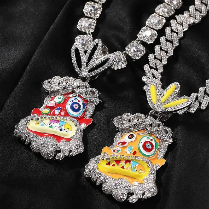 IH Iced Out Cartoon Monster Pendant Necklace 18K Gold Plated Natural Sri Lanka Zircon Hip Hop Miami Italian Mexican Chicano Men Women