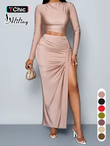 Aliling Two-Piece Set Women's Solid Long Sleeve Crop Top & Ruched Split High Waist Skirt, Elegant Fashion for Female Outdoor Wear, Autumn Women Clothing